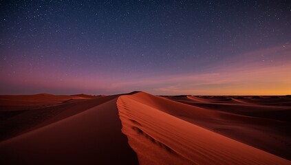Vast desert landscape under a twilight sky with stars, showcasing undulating sand dunes