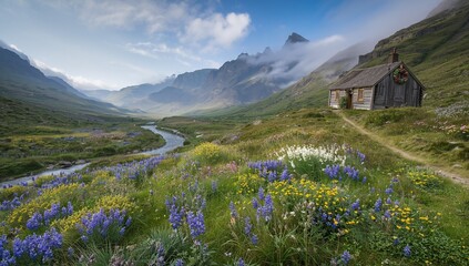 Fototapeta premium Serene mountain valley panorama at sunrise with rustic cabin, vibrant wildflowers, and a winding river. A peaceful landscape in early morning light.