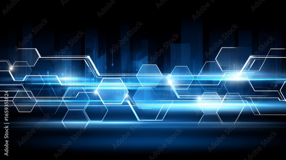 Poster modern abstract blue background with a futuristic digital honeycomb pattern of glowing interconnecte