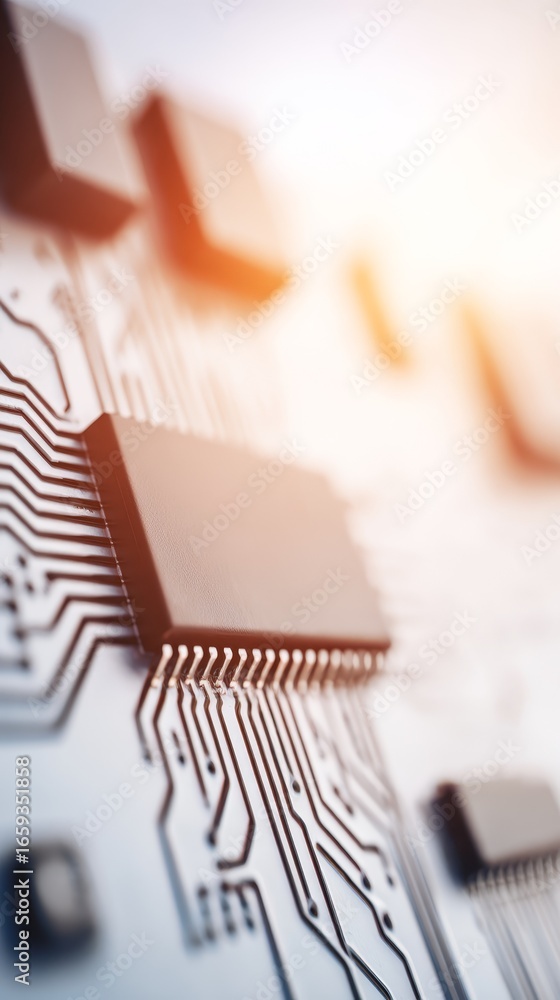 Poster a detailed macro perspective of a complex computer motherboard with a bright light illuminating the 