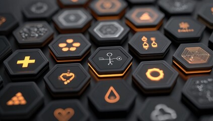 Hexagonal interface with glowing icons