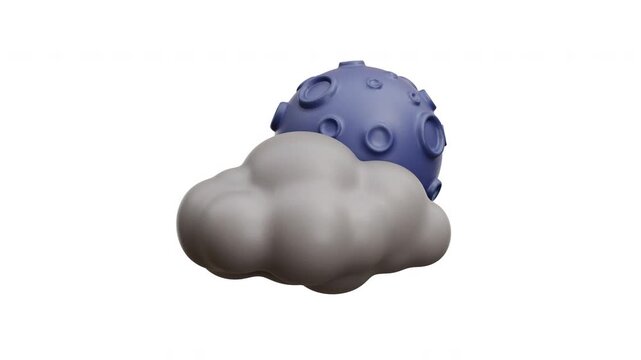 3D Animation of a crescent moon partially hidden behind a fluffy cloud