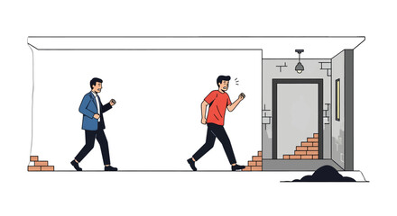 Two Men Fleeing from a Partially Demolished Building in Pixel Art Style on a White Background