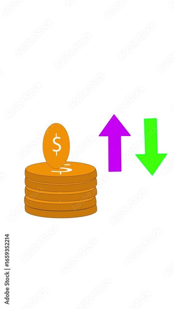 Poster market trend visualization using dollar coins and arrow graphics vertical video. financial concepts 