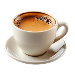 Fototapeta premium A steaming hot cup of rich dark espresso coffee with a creamy crema on top served in a white ceramic mug with a saucer and a sugar cube isolated on transparent background