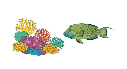 Green Fish and Vibrant Coral Reef Illustration on White Background Pixel Art Style Underwater Wildlife Design