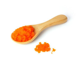 Prawn shrimp egg in spoon isolated on white background. Ebiko