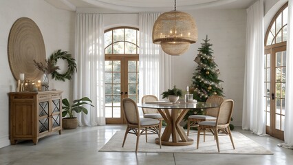 Fototapeta premium Realistic Royal Class Holiday Dining Room, Soft Whites With Natural Linen Palette, Brand-Free 3D