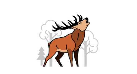 Illustration of Brown Stag with Large Antlers Stands Among Trees on White Background