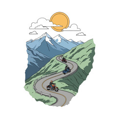 Pixel Art Style Motorcyclists on a Winding Mountain Road Under a Sunny Sky Travel Adventure
