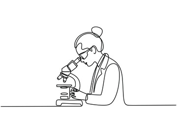 Scientist using a microscope in a continuous line drawing style