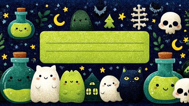 Charming Halloween invite card featuring playful ghosts, potions, and eerie elements for midnight festivities