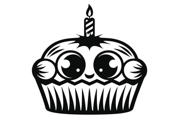 Cartoon Cupcake with Big Eyes and a Striped Candle Isolated Design
