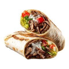 Delicious beef shawarma wraps with fresh ingredients on transparent background