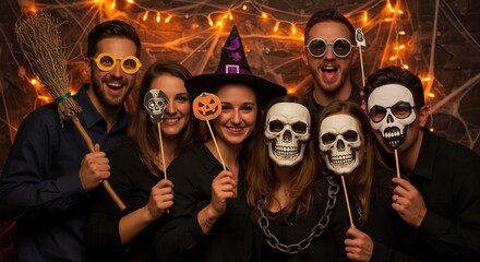 Group poses in Halloween photo booth with costumes props  fairy lights