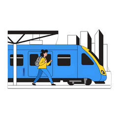 Woman Walking Towards a Blue Train with Yellow Accents Against an Urban Cityscape Background in Graphic Style