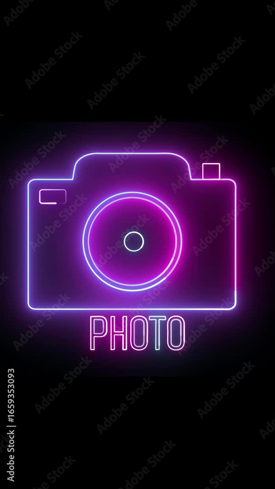 Poster animated glowing neon camera with illuminated photo text vertical video. neon digital camera illustr