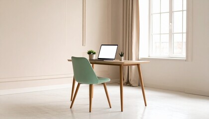 Workspace in Bright Room Laptop and Chair at Desk near Window