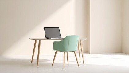 Minimalist home office with a modern desk and chair, bathed in natural light, offering a serene and productive remote workspace environment.