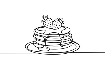 Simple line art drawing of pancakes with strawberries and syrup