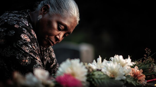 Elderly woman places vibrant flowers at a grave, honoring a loved one in a peaceful setting
