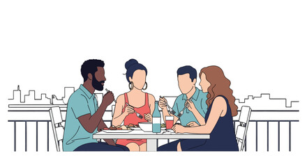 Diverse Group Enjoying a Meal Together at Outdoor Restaurant Featuring Abstract People at Table with Food and Drink in Simple Scene