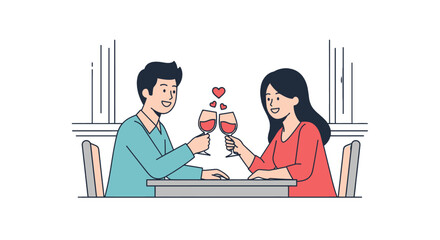 Pixel Art of a Couple Toasting Wine Glasses in a Romantic Setting with Hearts in a White Background