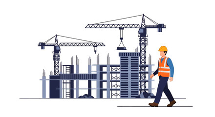 Construction Site with Building and Crane Featuring a Worker in Safety Vest and Yellow Helmet Over White Background