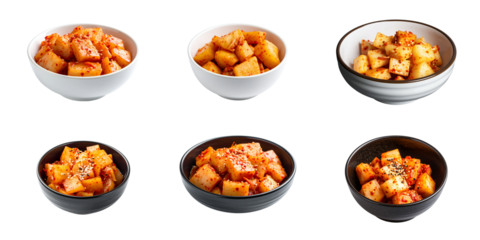 Kkakdugi, Korean spicy diced radish kimchi in  ceramic dish. Traditional fermented side dish, banchan. 