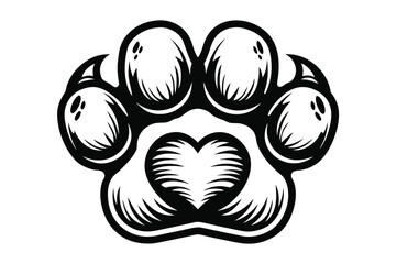 Black paw print with heart on white background, love pet logo element
