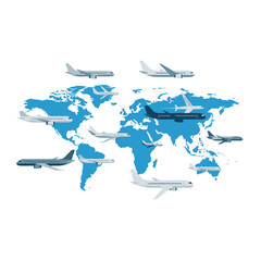 World Map with Airplanes Flying Around in Blue and White Minimalist Design Representing Global Travel and International Business