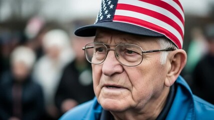 Patriotic Senior CloseUp of Elderly Man in American Flag Hat at Outdoor Event. - Powered by Adobe