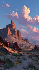 Naklejka premium Rocky desert mountain range at sunset