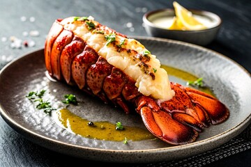 Cooked lobster tail with herbs and sauce on plate with lemon wedges and creamy dip in background