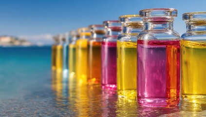 Colorful glass bottles of liquid,  aligned on a surface by the ocean