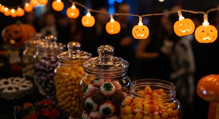 Halloween candy jars displayed under lit pumpkin string lights with blurred people in background