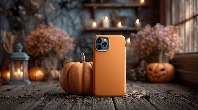 Jack o lantern and a plain white cell phone create a unique Halloween decor in a cozy setting