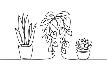Minimalist line art of three potted houseplants