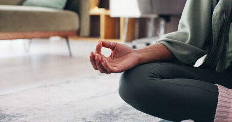 Hand, person and meditation for yoga at house for fitness, spiritual healing and holistic balance....