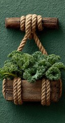 Wooden planter with kale, hanging by rope
