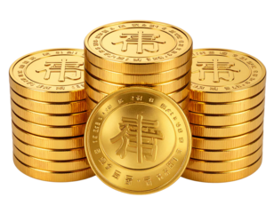 A - Stack of Shiny Bitcoin Gold Coins with Embossed Logo, Front Perspective, Transparent PNG.