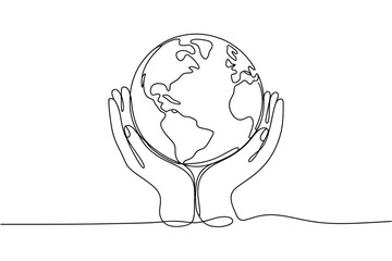 Hands holding the earth in a continuous line drawing