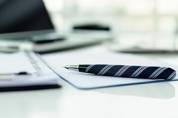 Elegant striped tie resting on a notepad in a modern office setting with blurred background