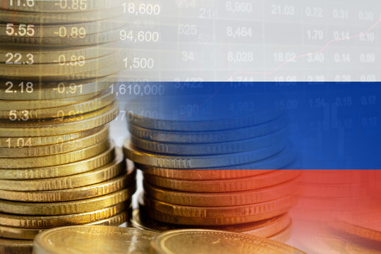 Stock market investment trading financial, coin and Russia flag or Forex for analyze profit finance business trend data background.