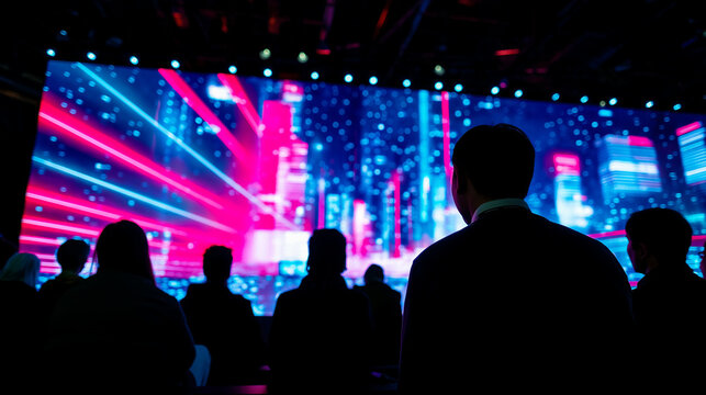 Audience watching a large digital screen with futuristic neon city visuals, glowing in red and blue lights during an event or conference.  
 - Powered by Adobe