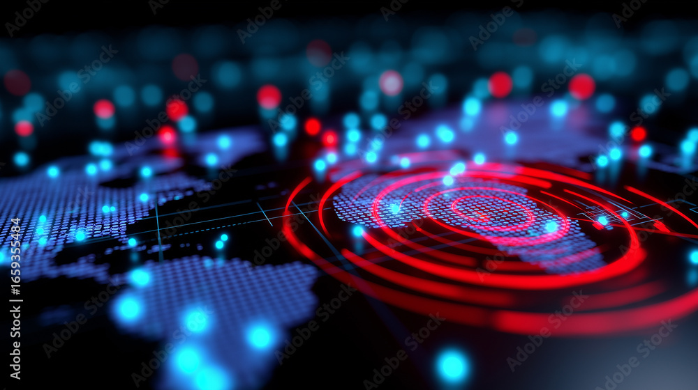 Poster futuristic red digital radar screen with circular interface and scanning laser beam, symbolizing det