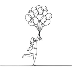 Joyful person holding a large bunch of balloons in a continuous line drawing