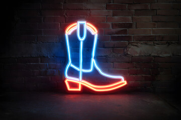 A glowing neon sign shaped like a cowboy boot, vibrant and retro touch to a nighttime scene, place for text