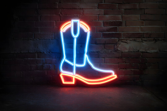 A glowing neon sign shaped like a cowboy boot, vibrant and retro touch to a nighttime scene, place for text - Powered by Adobe