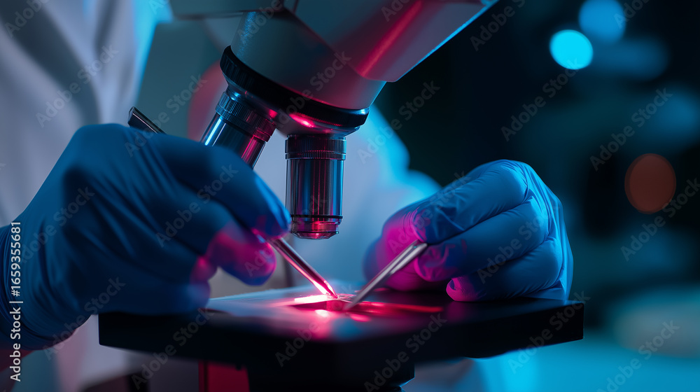 Poster scientist using a microscope with precision tools and glowing pink-blue lighting in a laboratory set